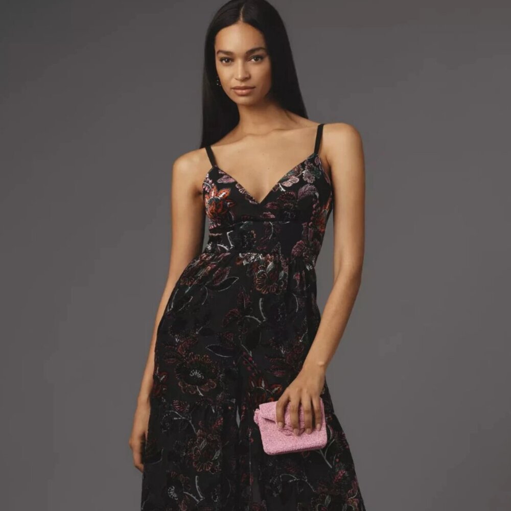 Anthropologie Red & Black Floral Velvet Wide Leg Jumpsuit Size 22, New with Tags